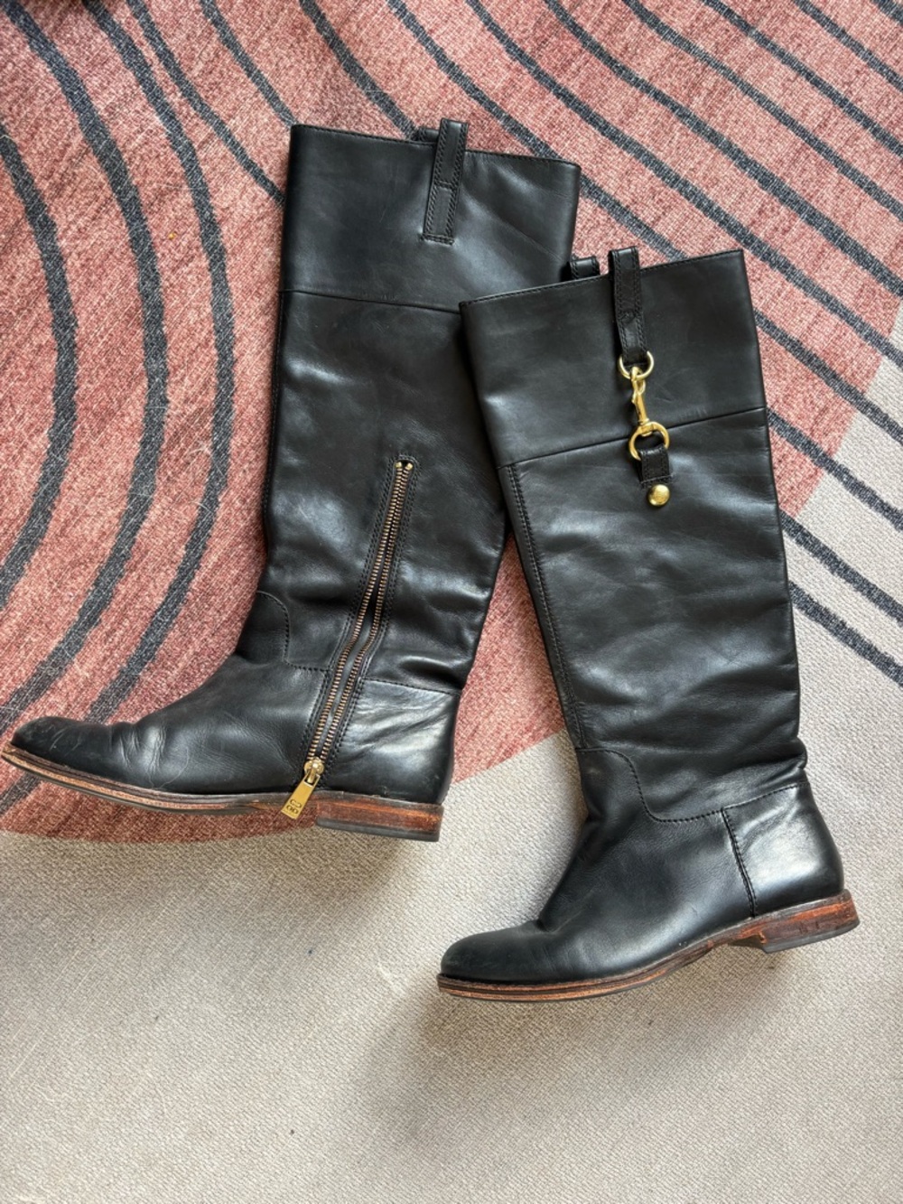 Vintage Coach Black Leather Riding Boots with Gold Hardware - Women